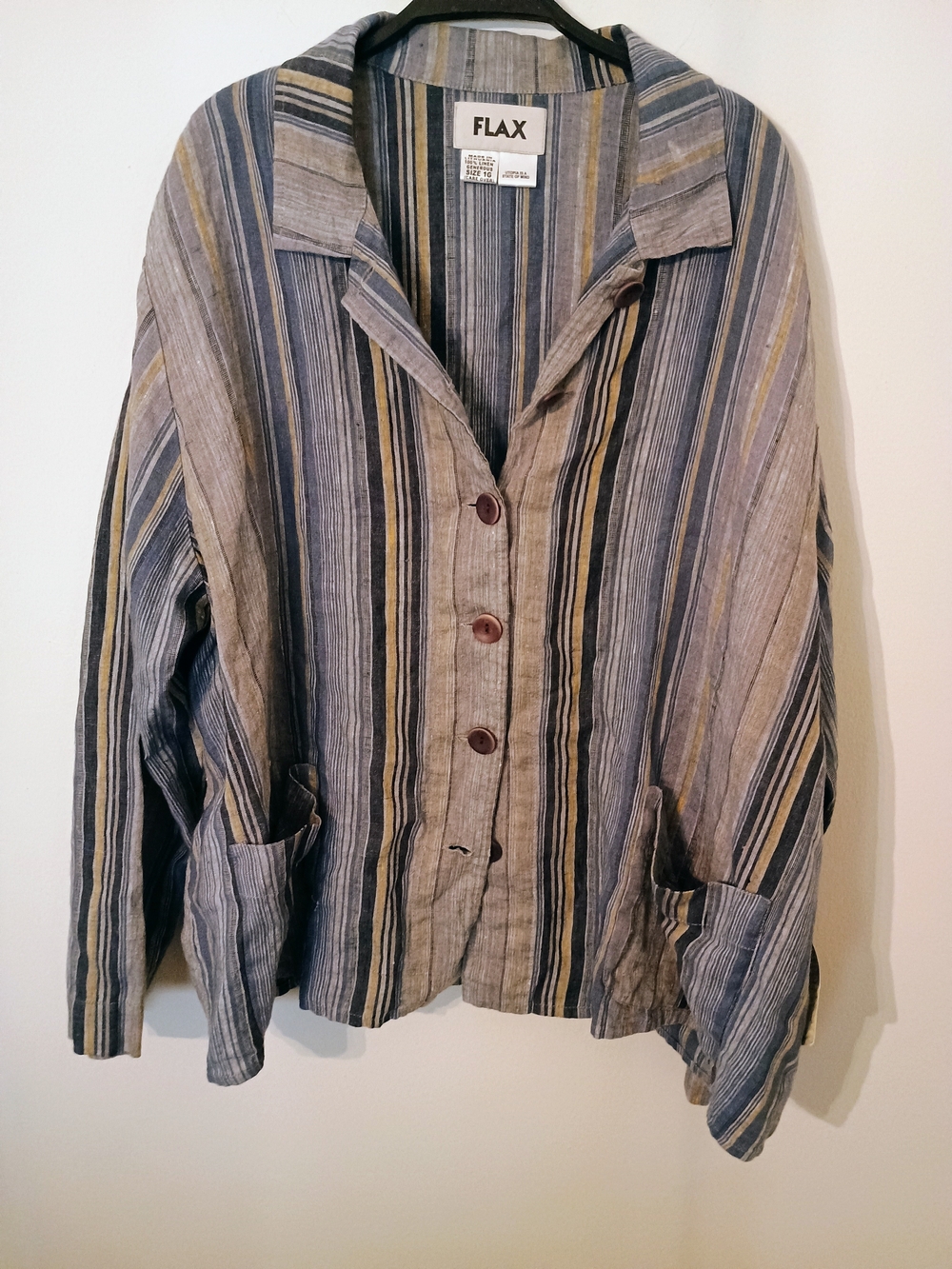 Flax Striped Linen Button-Up Jacket in Blue, Tan, and Yellow Size 16